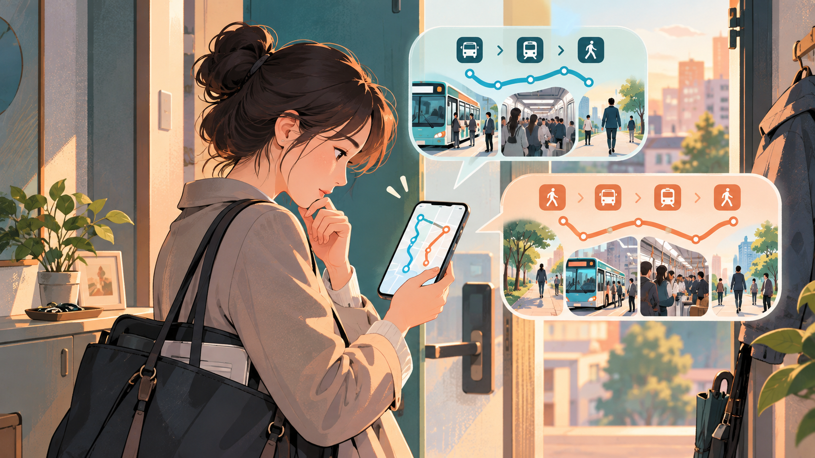 무거운 가방을 든 직장인이 출발 전 환승과 보행 조건이 다른 경로를 비교하는 가상 장면. AI 설명용 삽화.