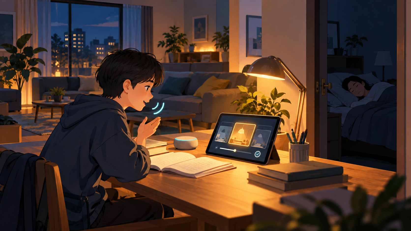 잠든 가족의 방은 유지하고 공부하는 책상 조명만 조절하는 가상의 저녁 집. AI 설명용 삽화.