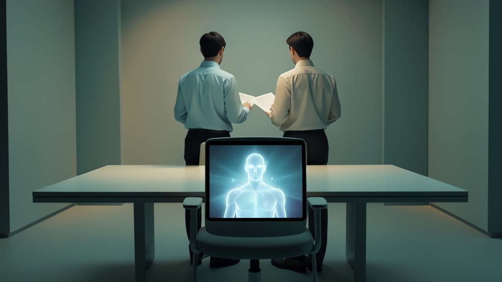 회의 테이블의 빈 의자 앞에 켜진 추상적인 AI 대리인 화면