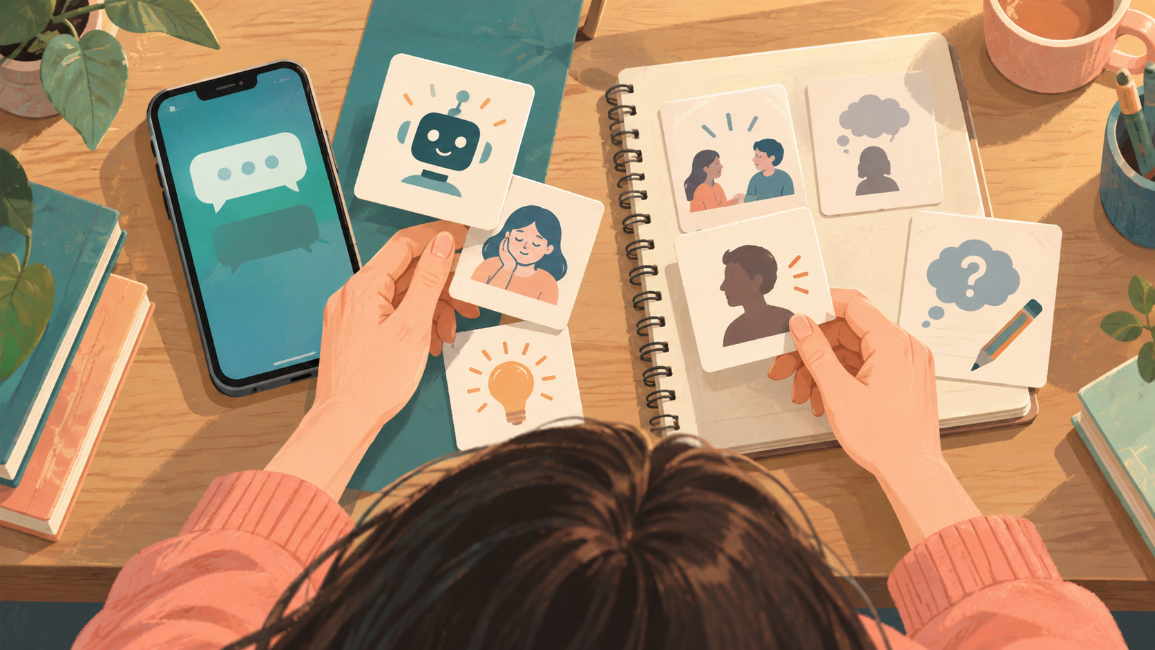 대화 내용의 관찰과 추측을 그림 카드로 구분하며 확인할 질문을 준비하는 장면. AI 설명용 삽화.