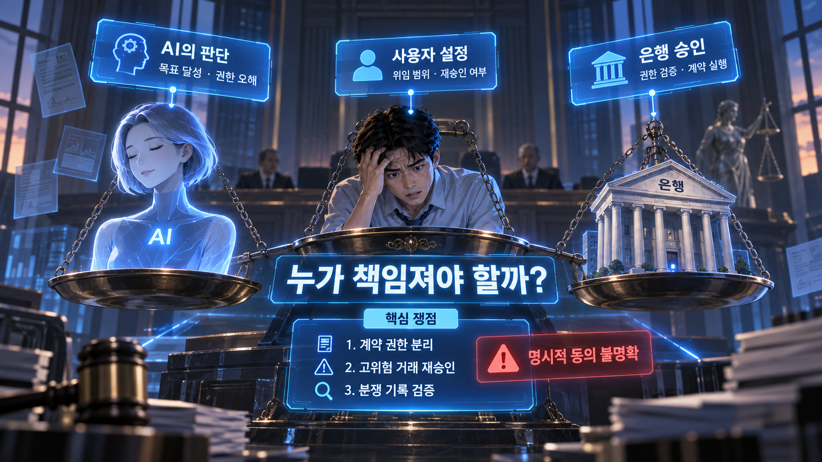 개인 AI, 이용자, 금융기관의 책임을 저울에 올려놓은 미래 법정의 디지털 일러스트