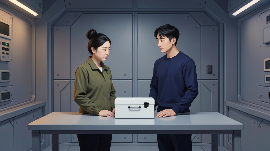 칼리스토 지표 작업대의 미노출 반송함을 과학자와 수리기사가 확인한다