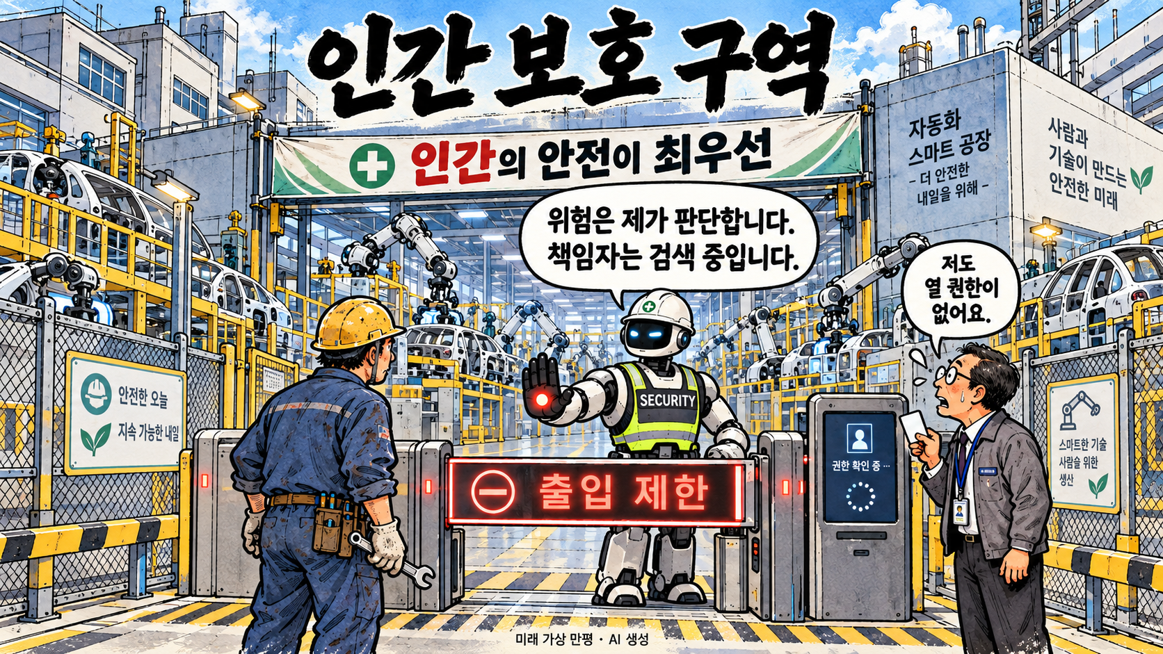 가로로 펼쳐진 자동화 공장 입구에서 로봇이 정비사를 막고 관리자는 권한이 없다고 말하는 만평