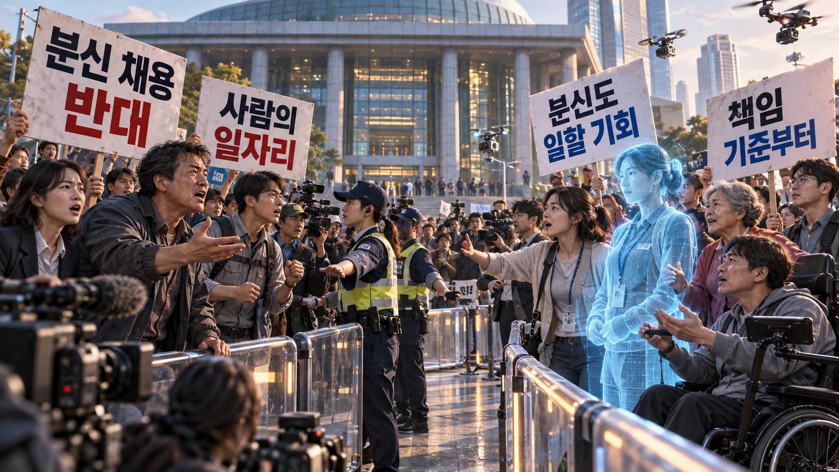 미래 국회 앞에서 분신 채용 반대와 일할 기회를 주장하는 시민들이 맞서는 가상 시위