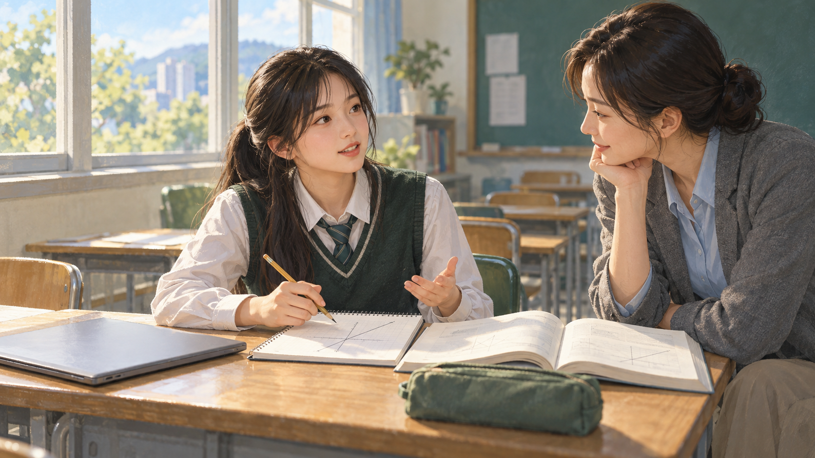 노트북을 닫고 혼자 푼 뒤 교사에게 풀이를 설명하는 학생 · AI 일러스트