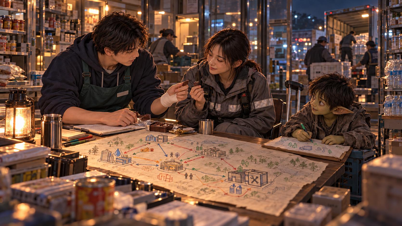 24화 세 가게보다 큰 지도 장면을 그린 AI 삽화