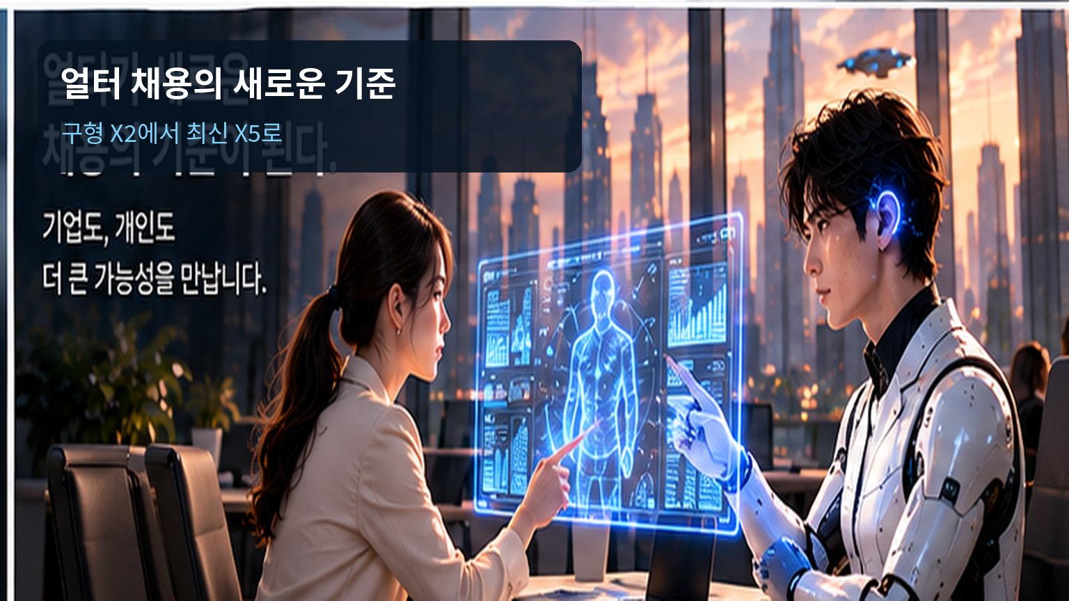 인간 리후가 인간형 얼터가 제시한 업무 분석 자료를 살펴보며 최종 결정을 내리는 장면