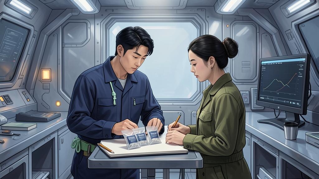마루의 작업대에서 민트색 매듭의 수리기사와 올리브색 옷의 과학자가 보관한 재료편과 기록을 비교한다