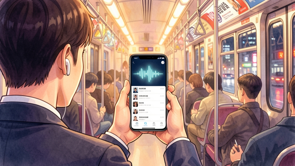 지하철에서 이어폰을 낀 청년이 휴대폰 음악 차트를 보는 어깨 너머 장면, 1위 자리에 얼굴 대신 빛나는 파형이 떠 있다